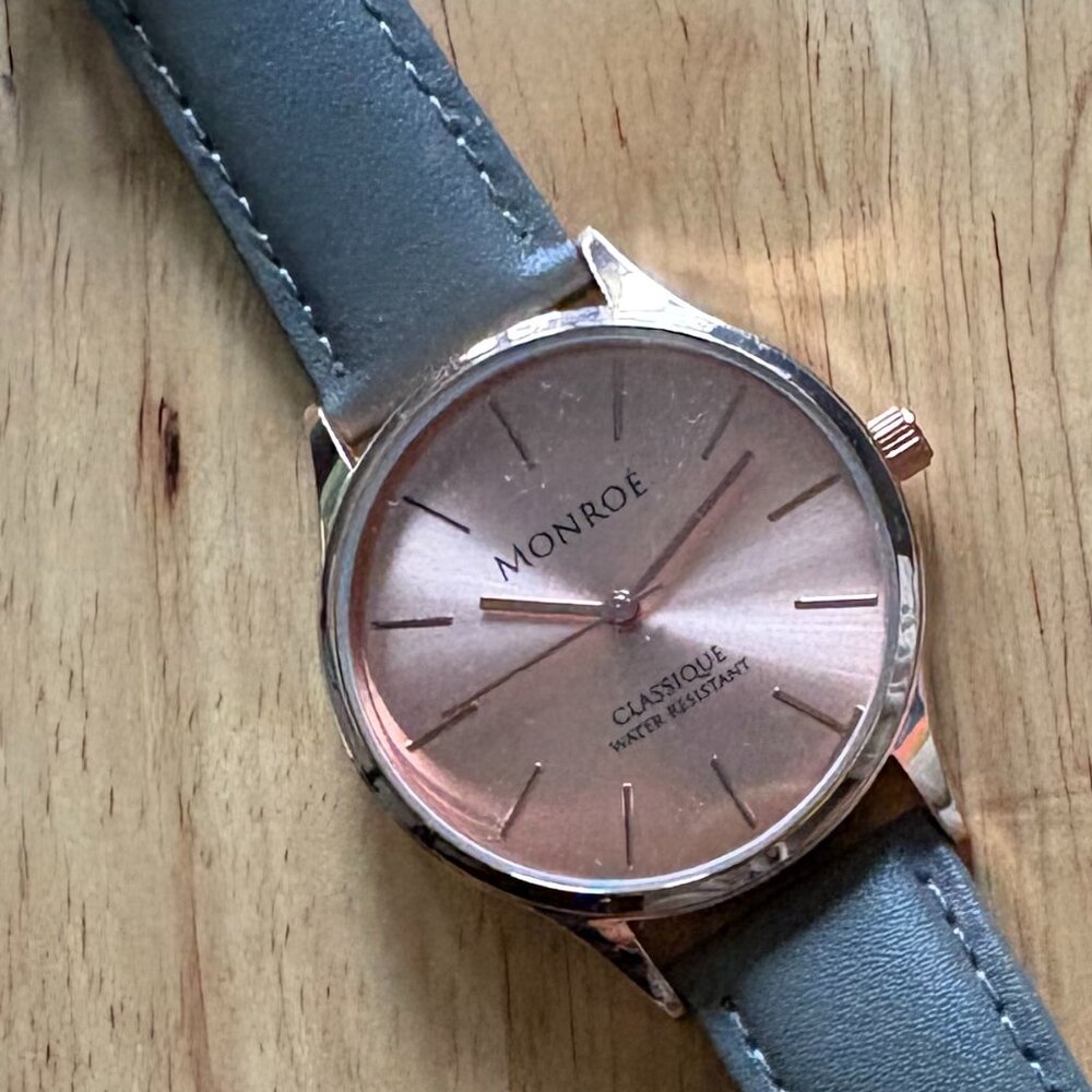 Monroe watch, rose gold with grey leather band.